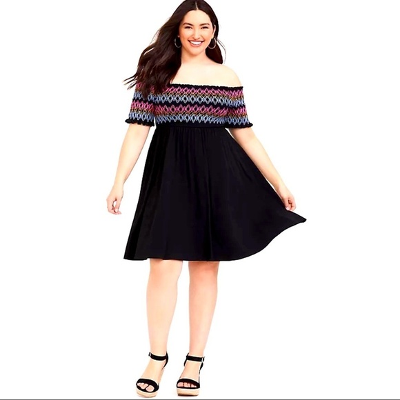 Torrid Embroidered Off Shoulder Skater Dress - Picture 2 of 9